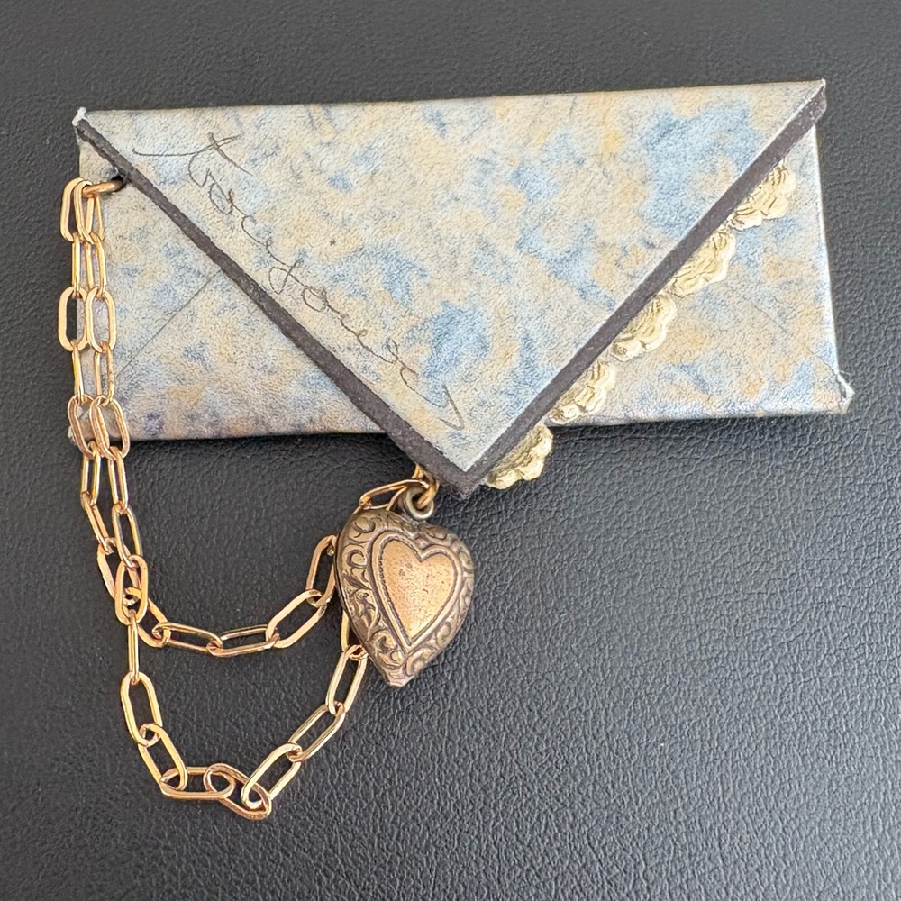 Vintage Pin Miniature Envelope Purse Heart & Chain “Toujours” 1970s brooch